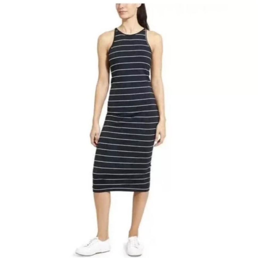 Athleta Navy and White Striped Midi Dress
